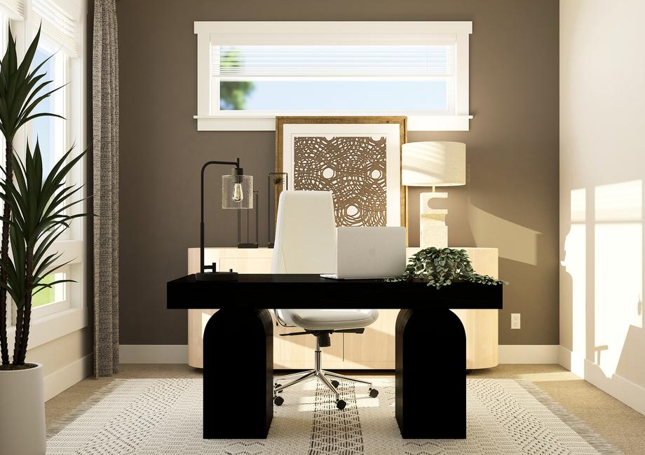 Rendering of office furnished with a dark
  desk in front of a white console. The room also has plants and two lamps.