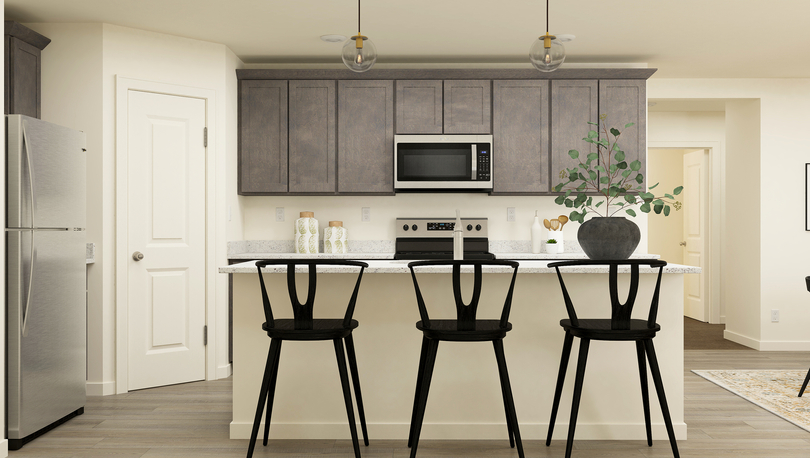 Rendering of a kitchen with grey  cabinetry and stainless steel appliances.