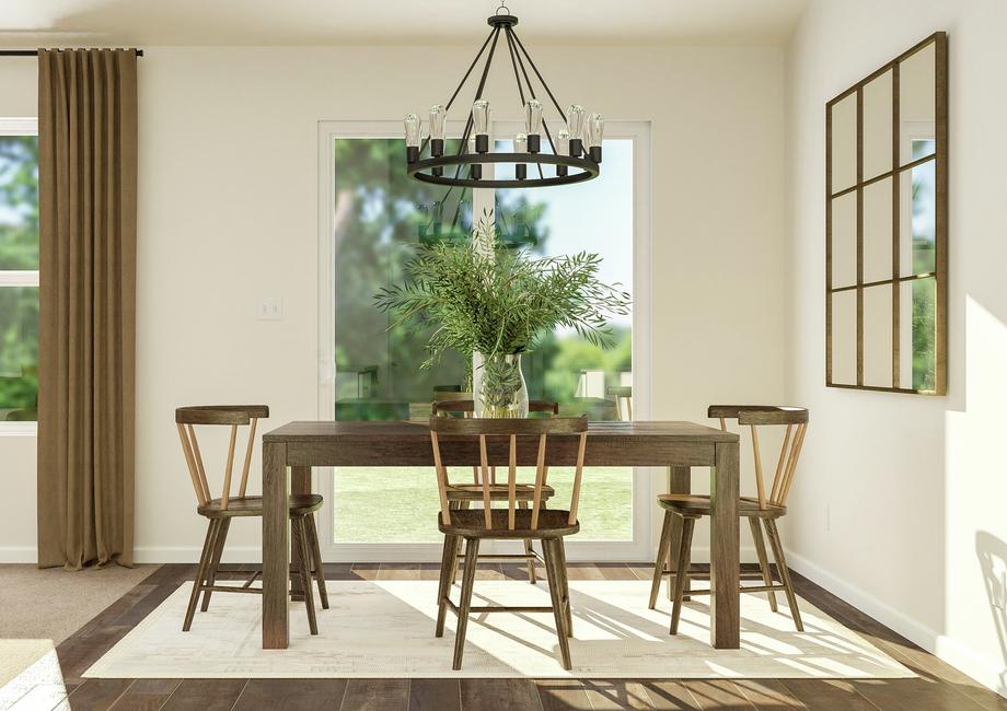 Rendering of the dining room with vinyl
  plank flooring and a sliding glass door. The space is furnished with a table,
  four chairs and a mirror.