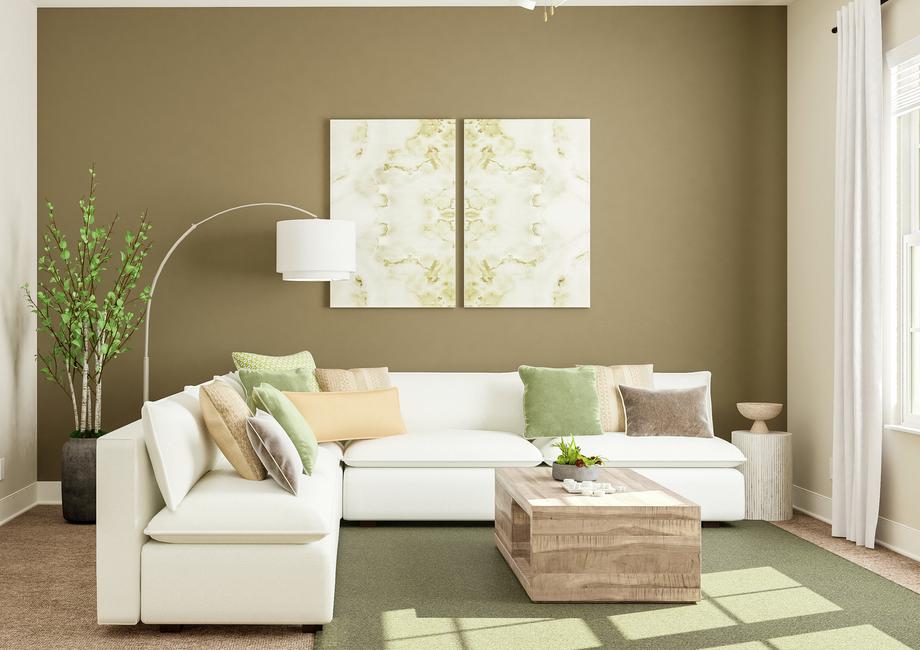 Rendering of sitting area showing a white
  sectional couch and coffee table facing a large window with abstract art and
  beige carpet flooring throughout.
