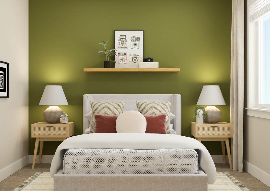 Rendering of bedroom furnished with a
  white bed in between two side tables.Â 