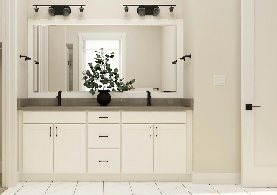 Rendering of the master bathroom with
  showing a double0-sink vanity with white cabinetry.