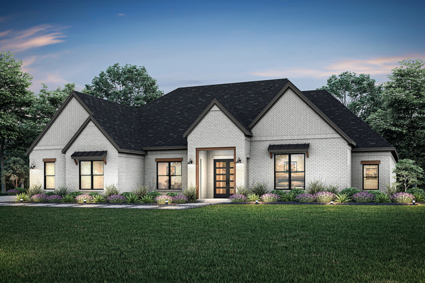 Dusk rendering of the one-story Aaron home with a brick exterior and side-load garage.