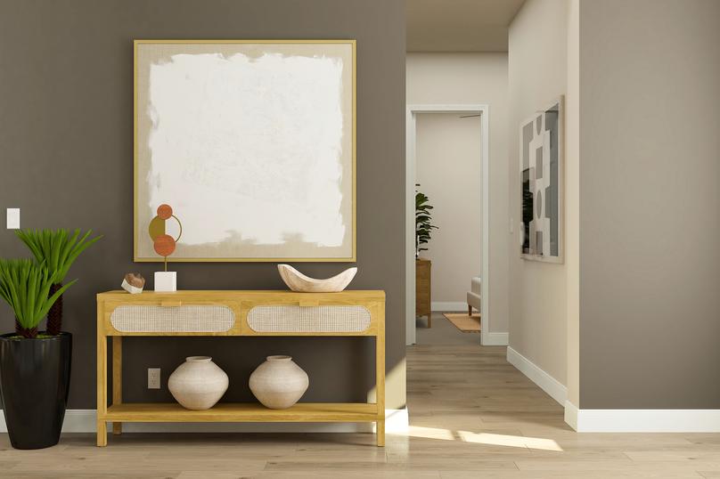 Rendering of the entry hall with console
  table, potted plant and large, abstract painting.