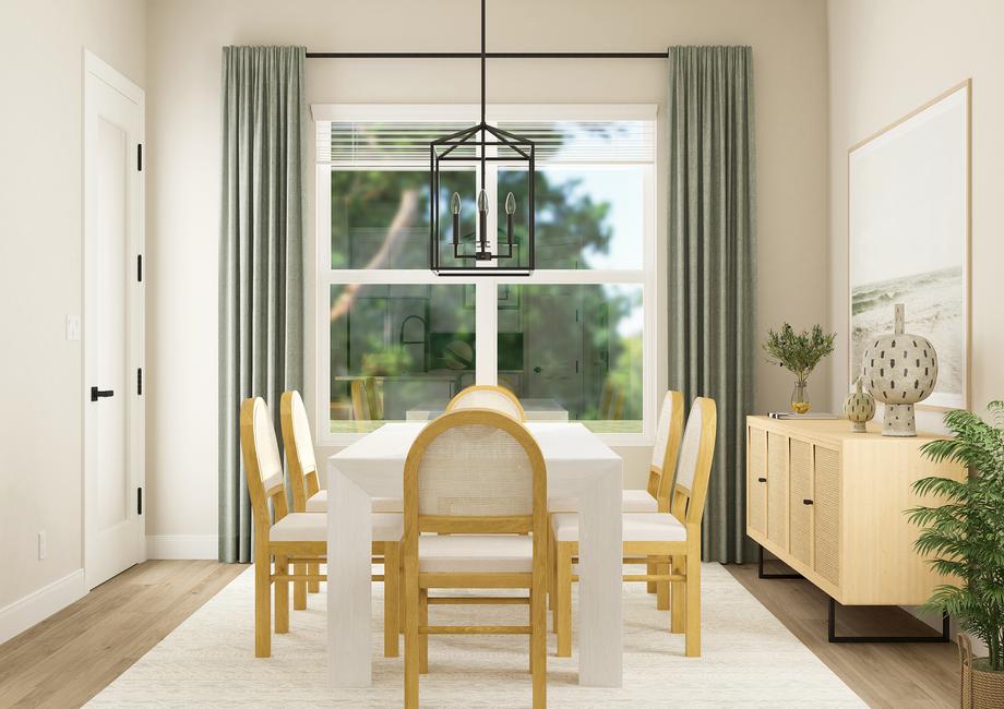 Rendering of the light and bright dining
  room in the Laurel plan. Large windows provide plenty of natural light. The
  room is furnished with a six-person table and decorative cabinet.