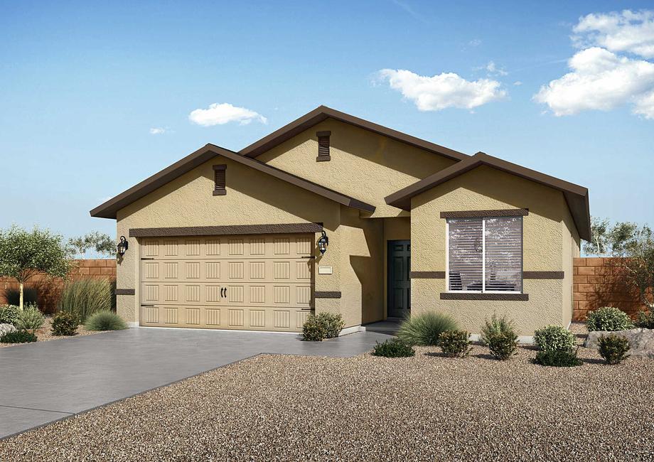 Bisbee artist rendering with two-tone brown stucco finish, gravel landscape, and desert plants
