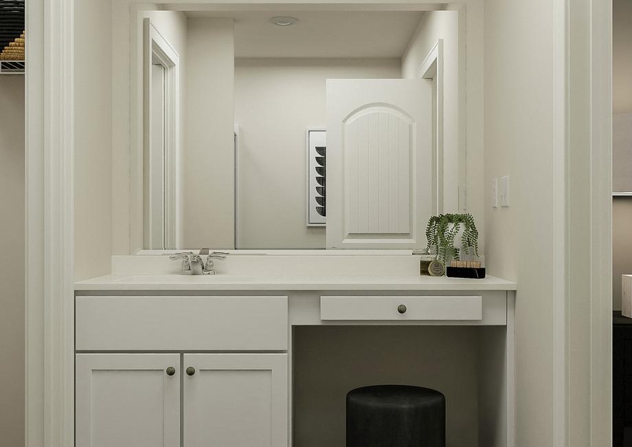 Rendering of the master bath focused on
  the sink, make-up vanity and white cabinetry. The mirror reflects that
  bathtub.Â 