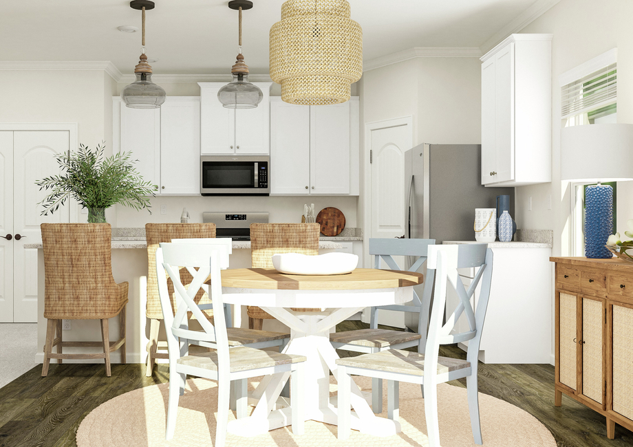 Rendering of the dining area in the Avery  plan. The space has a rectangular table with 4 chairs, a buffet and rog. The  kitchen is visible in the background.