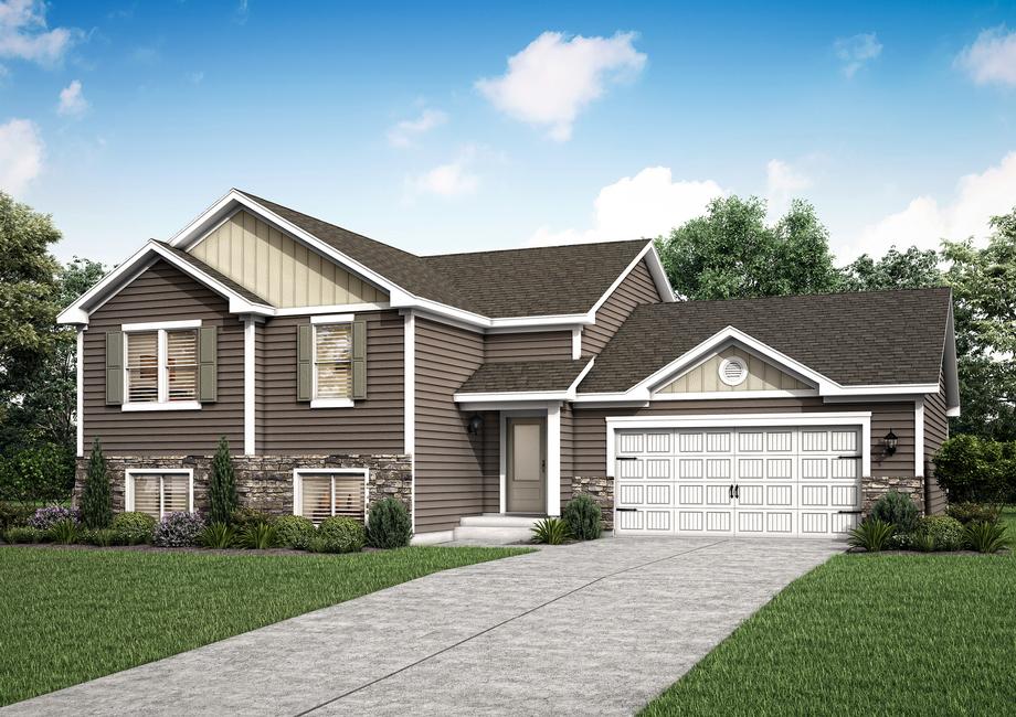 Artist rendering of the two-story Nicollet II plan by LGI Homes in taupe and beige siding with shutters and brown stone accents.