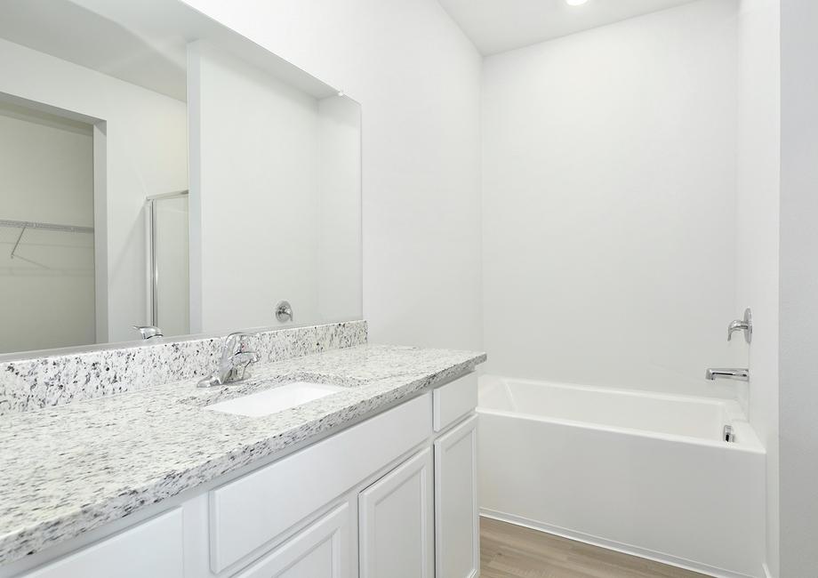 The master bathroom has a large vanity, soaking tub and a step in shower.