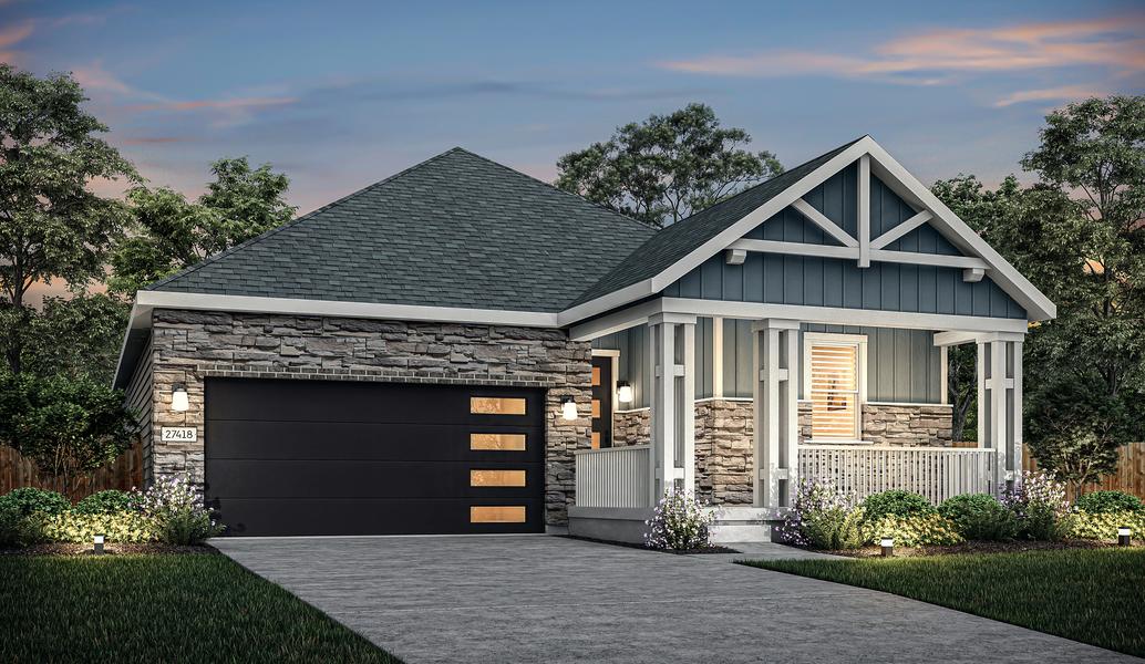 Exterior rendering of the gorgeous one-story Breckenridge floor plan during dusk.