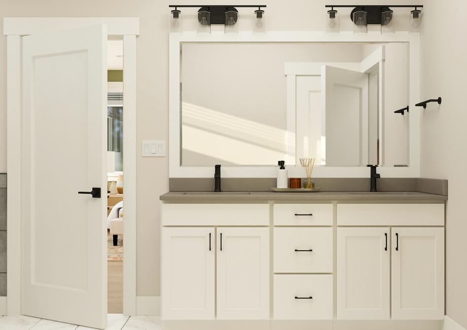 Rendering of the primary bathroom showing
  a double sink vanity with white cabinetry.Â 