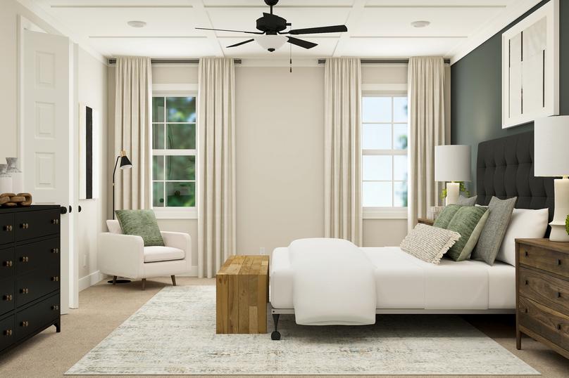 Rendering of master bedroom furnished
  with a large white bed, side table and a dark dresser.