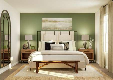 Rendering of a spacious bedroom with two
  windows and carpeted flooring. A large bed sits between two nightstands and a
  full-length mirror hangs on the adjacent wall.