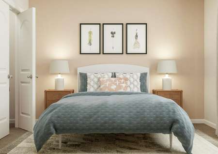 Rendering of a bedroom furnished with a
  bed betweem two nightstands.