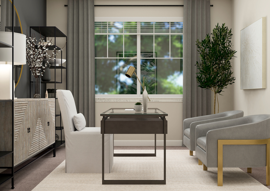 Rendering of office furnished with a glass desk and three chairs. This room also has decorative shelving and wall dÃ©cor.