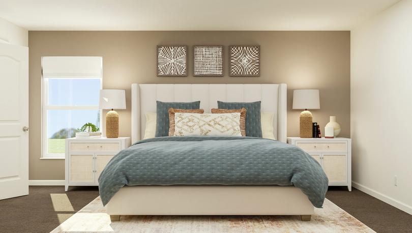 Rendering of the spacious owner's suite
  featuring large furniture along a beige accent wall and carpet flooring
  throughout.