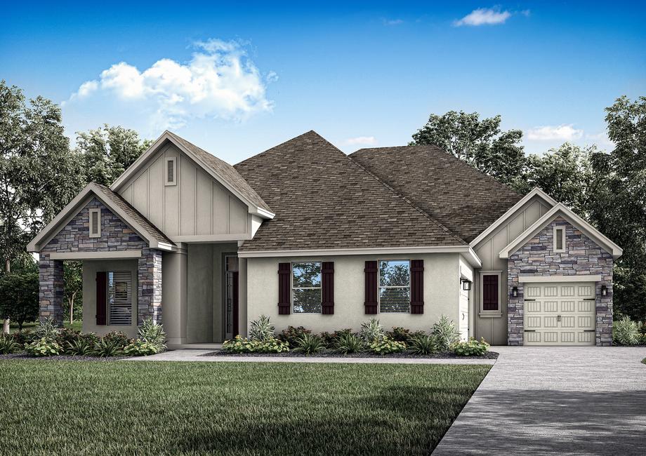 Single-story Waycross elevation rendering with stucco and stone accents.