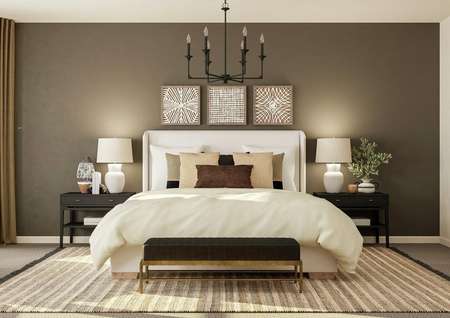 Rendering of the owner's suite featuring
  plush furniture and stylish décor. 