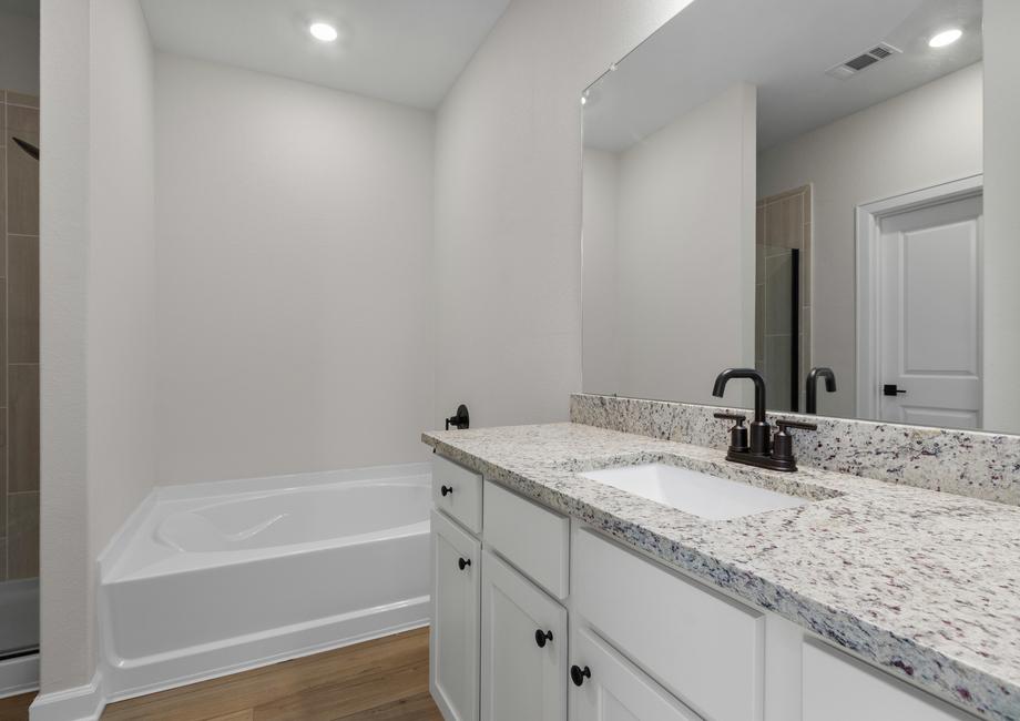 The master bathroom features a luxurious countertop and full mirror.