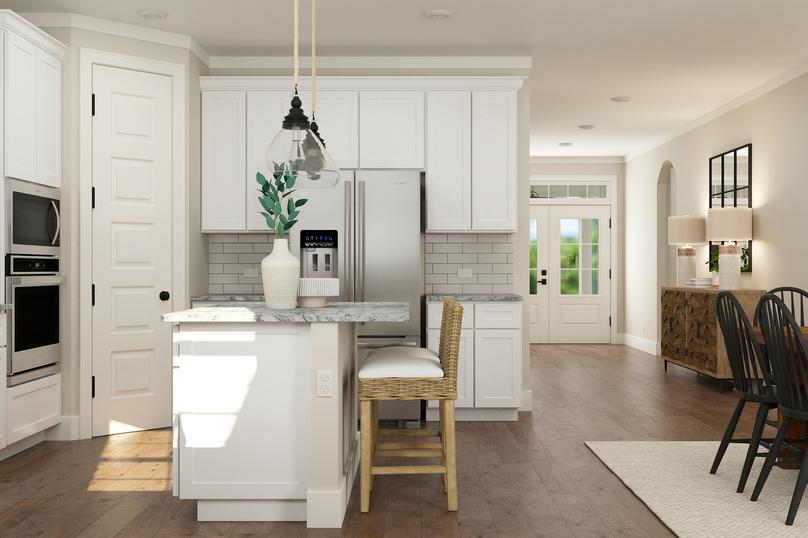 Rendering of kitchen with white cabinetry
  and stainless-steel appliances. The dinning room table can be seen next to
  the kitchenÂ 