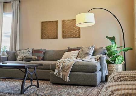 Staged living room with a gray couch and standing lamp.