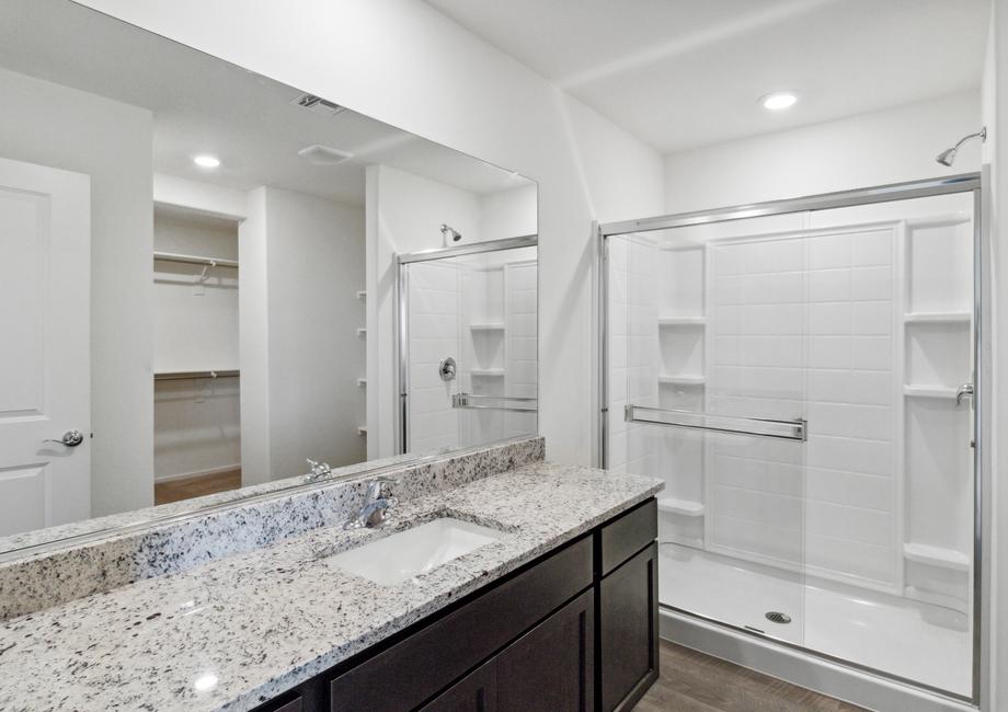 Master bathroom with a large walk-in shower and espresso cabinetry.