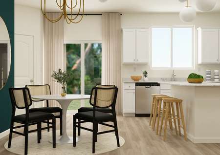 Rendering of a
  breakfast nook furnished with a round table surrounded by four dark chairs.