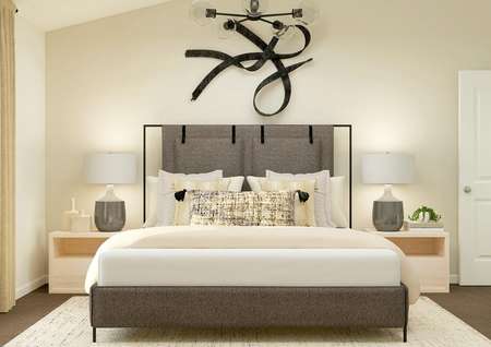 Rendering of a master bedroom furnished
  with a large bed and two side tables. 