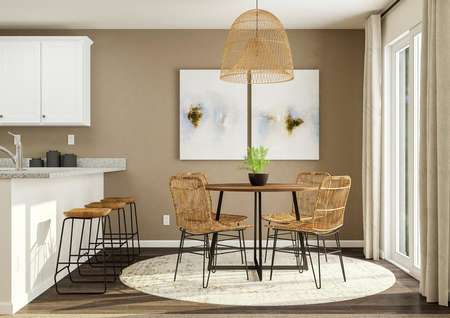 Rendering of the dining area nestled
  between the kitchen and sliding glass door leading to the backyard. 