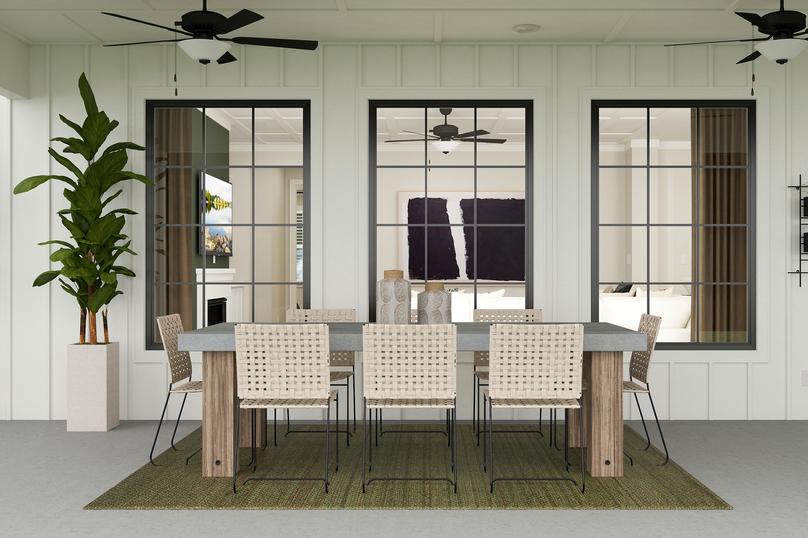 Rendering of outside patio with a large
  eight-person table.
