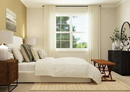 Rendering of bedroom highlighting a large
  window behind the bed. This room also has a side table and a bench at the end
  of the bed