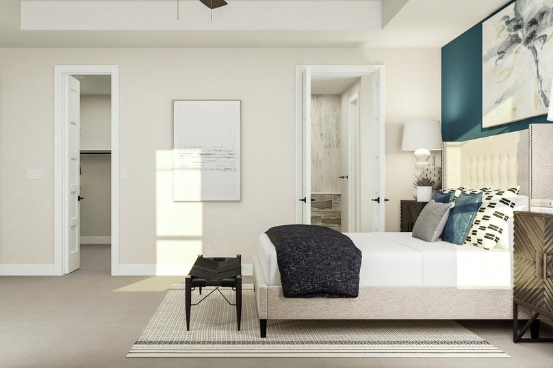 Rendering of the master bedroom focused
  on the large bed, two nightstands, rug and bench. An accent wall, paintings,
  two table lamps and view into walk-in closet is visible.