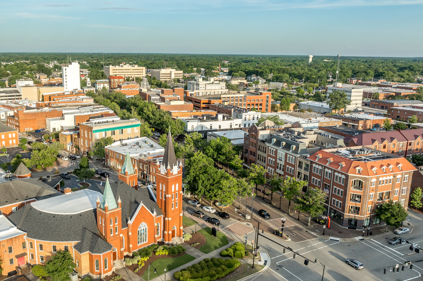 Aerial view of Fayetteville North Carolina downtown business district