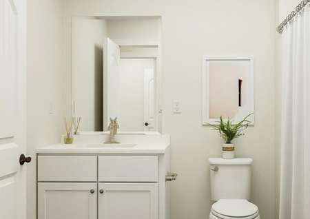 Rendering of a full bath focused on the
  white cabinet vanity. Beside it is the toilet and shower with white curtain.