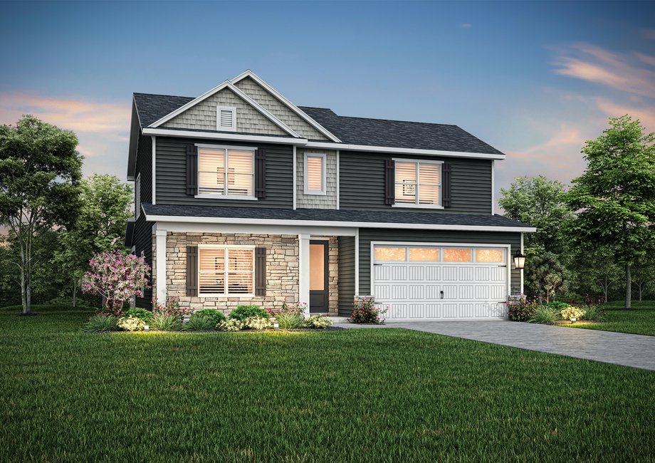 Graham floor plan with siding and stone at dusk.