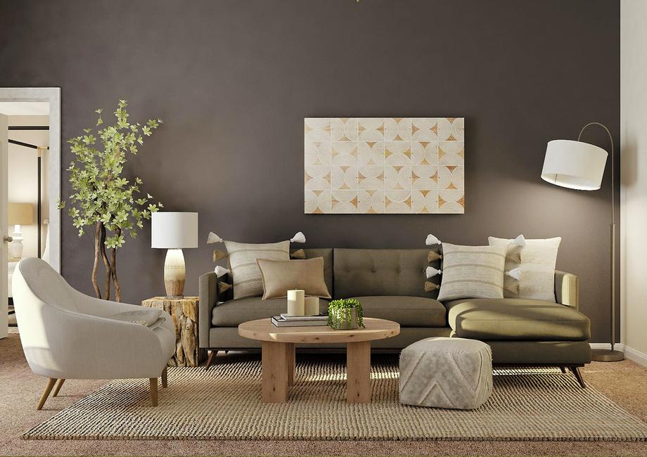 Rendering of
  living room with accent gray wall and carpeted floor with rug, decorated with
  a dark gray couch, cream accent chairs and round wood coffee table.