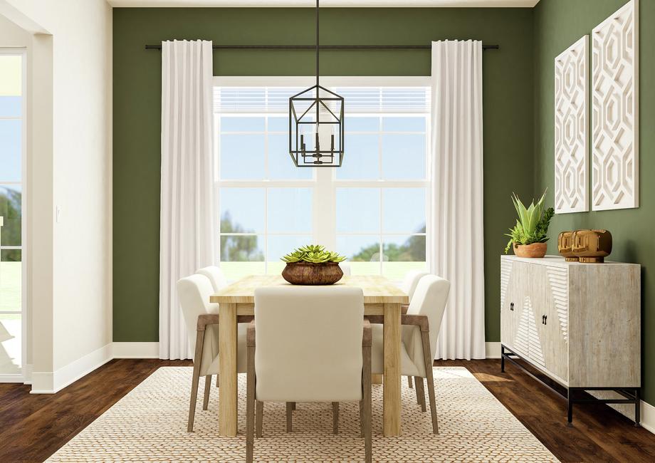 Rendering of formal dining room showing a
  long wood table and chairs, black metal light fixture, and media cabinet
  along a green accent wall with dark wood look flooring throughout.