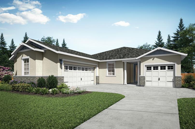 The Sullivan plan is single-story home with a three-car garage, tan stucco and blue siding accents.