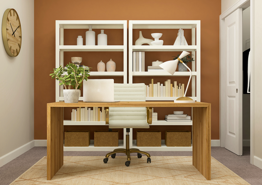 Rendering of office with a large wooden
  desk and dÃ©cor shelving.