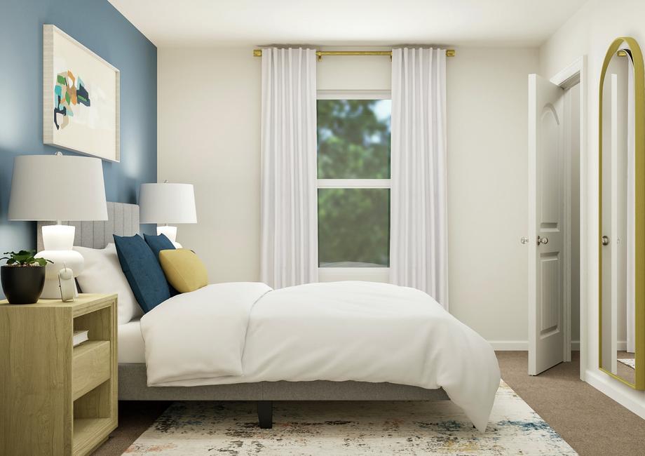 Rendering of a bedroom focused on the
  wall with the window. A bed and two nighstands are against the wall on the
  left and a mirror hangs on the wall to the right.
