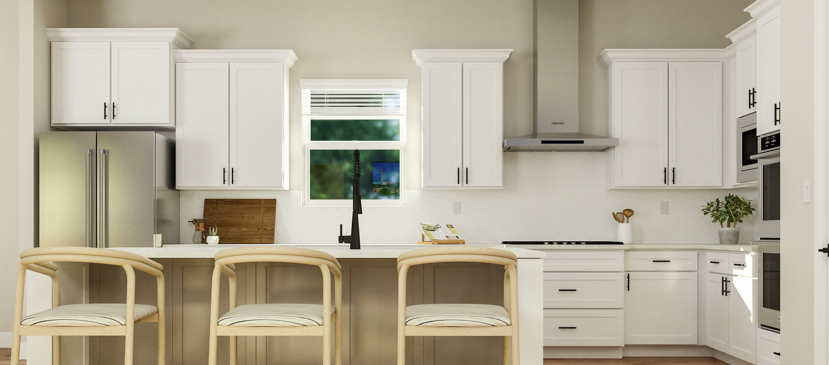 Rendering of the spacious kitchen in the
  Fairview plan, which has a large island with three chairs. It features white
  cabinetry, quartz countertops, stainless steel appliances, and a window above
  the sink.