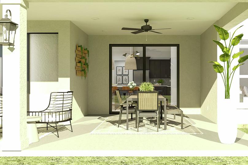 Rendering of the covered patio centered
  on a table in front of sliding glass doors that open to the indoor dining
  room. An outdoor sitting area is also visible opposite a large potted plant.