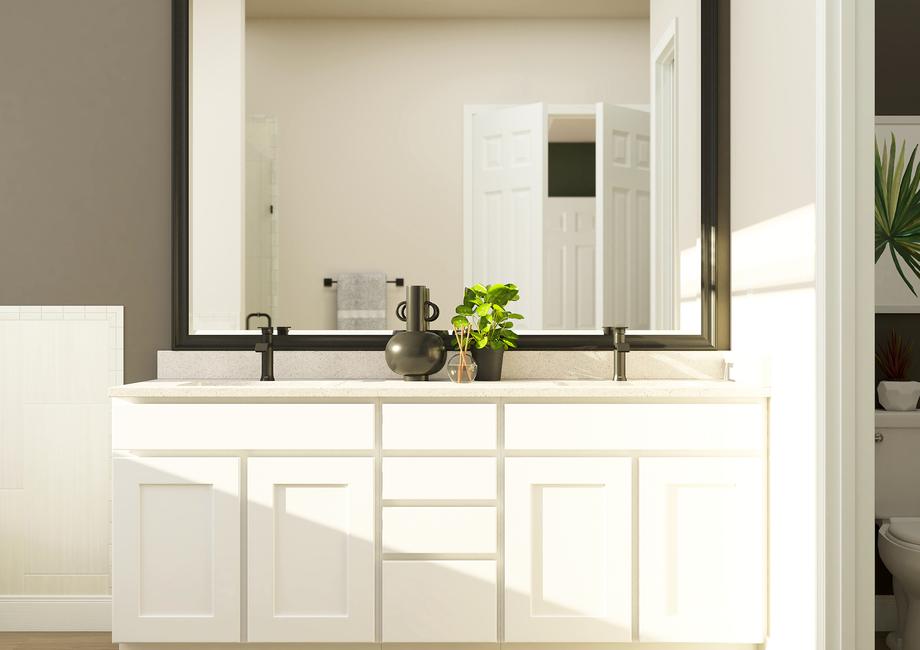 Rendering of the double-sink vanity in
  the master bath, which has white cabinetry and black fixtures.Â 