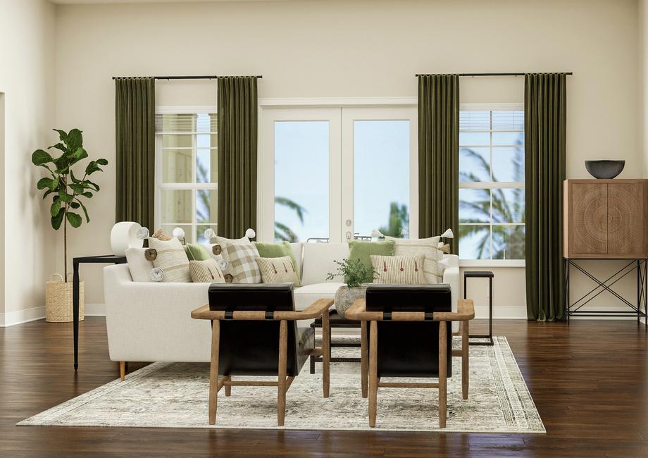 Rendering of living area showing white
  sectional couch, black accent chairs, and media cabinet with tv and dark wood
  look flooring throughout.