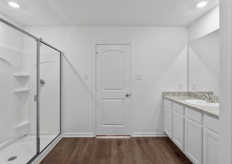 A step-in shower a tons of counterspace in the master bathroom