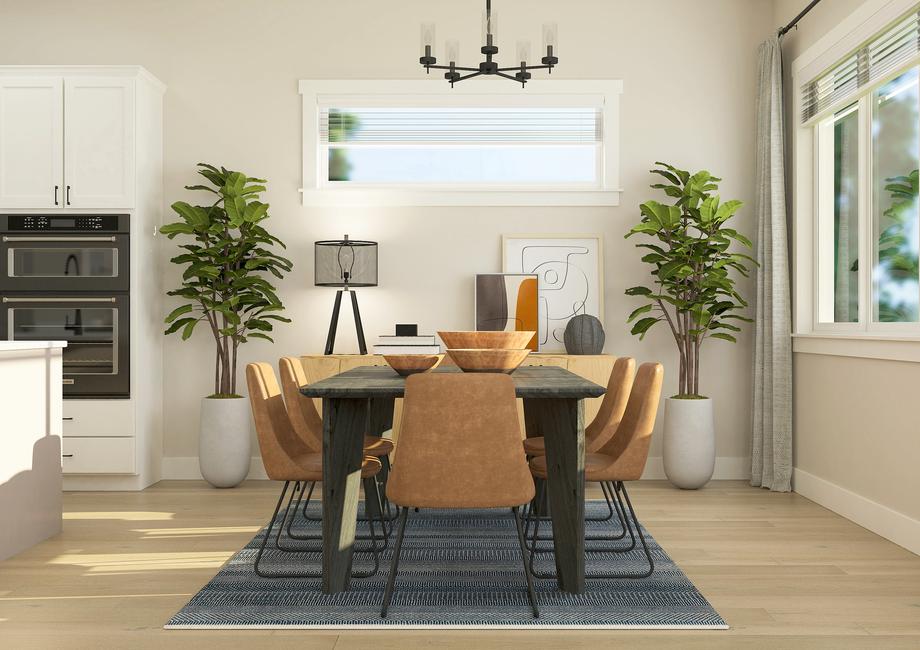 Rendering of dining room with a
  six-person table and 6 chairs. This room also has a large windows and
  curtains and the kitchen can be seen next to the table.