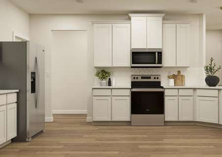 Rendering of the spacious kitchen
  showcasing white cabinetry and granite countertops. Wood look flooring is
  featured throughout.