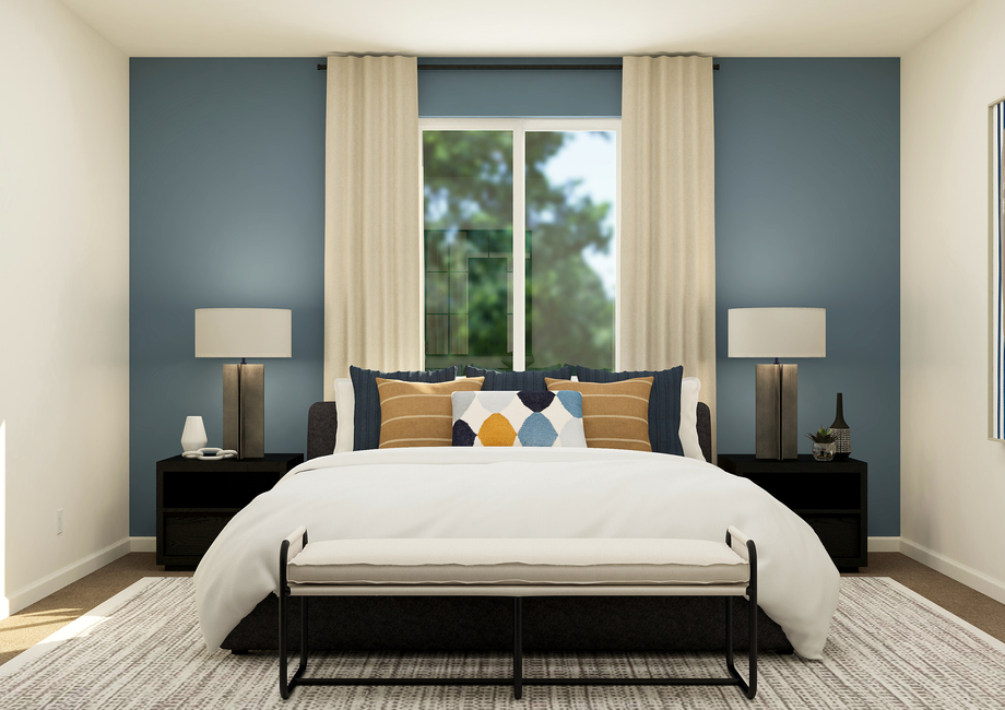 Rendering of a
  master bedroom showing a large bed in between two side tables. There is also
  a large window with curtains behind the bed.Â 