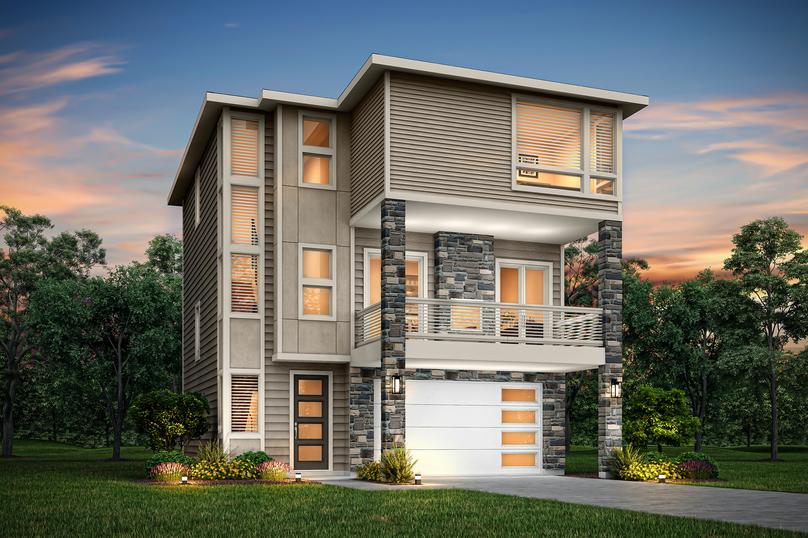 Three-story elevation rendering of the Braeburn with stone accents.